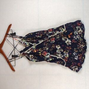 Xhilaration Navy Floral Pom Pom‎ Strappy Pocket Romper S